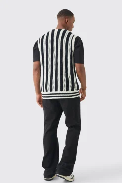Regular Fit Zip Through Open Knit Stripe Gilet | UK^boohooMAN Clearance