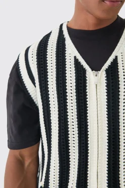 Regular Fit Zip Through Open Knit Stripe Gilet | UK^boohooMAN Clearance