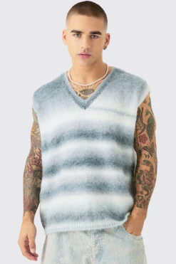 Regular Knitted Brushed Stripe V Neck Tank | UK^boohooMAN New