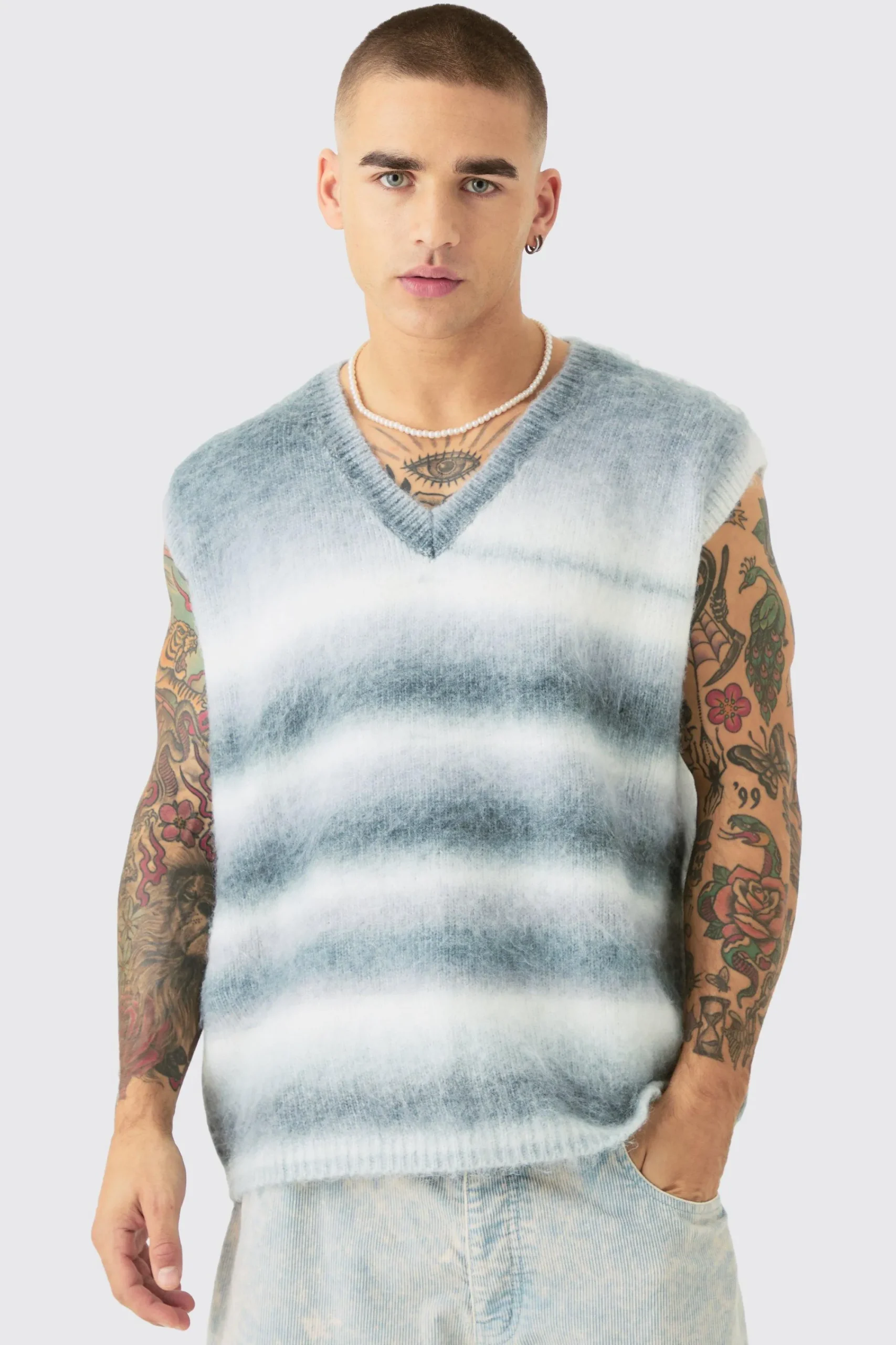 Regular Knitted Brushed Stripe V Neck Tank | UK^boohooMAN New