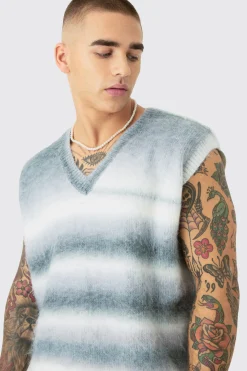 Regular Knitted Brushed Stripe V Neck Tank | UK^boohooMAN New