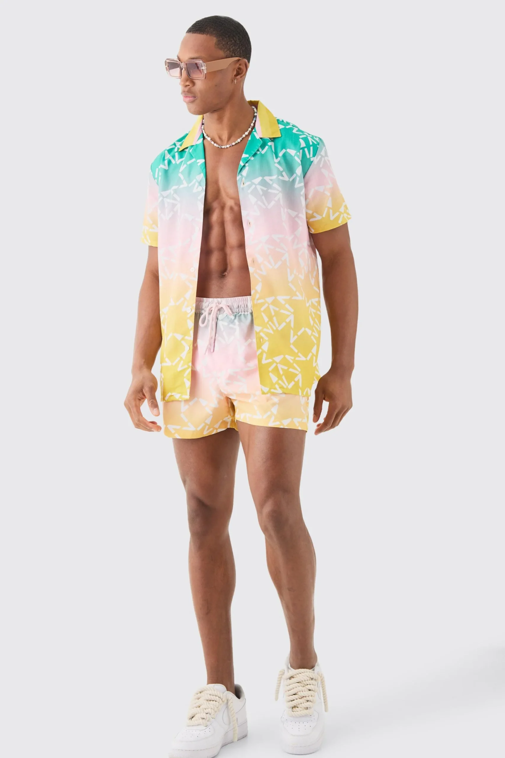 boohooMAN Regular Ombre Shirt & Swim Short Set | UK| Sets & Co-Ords