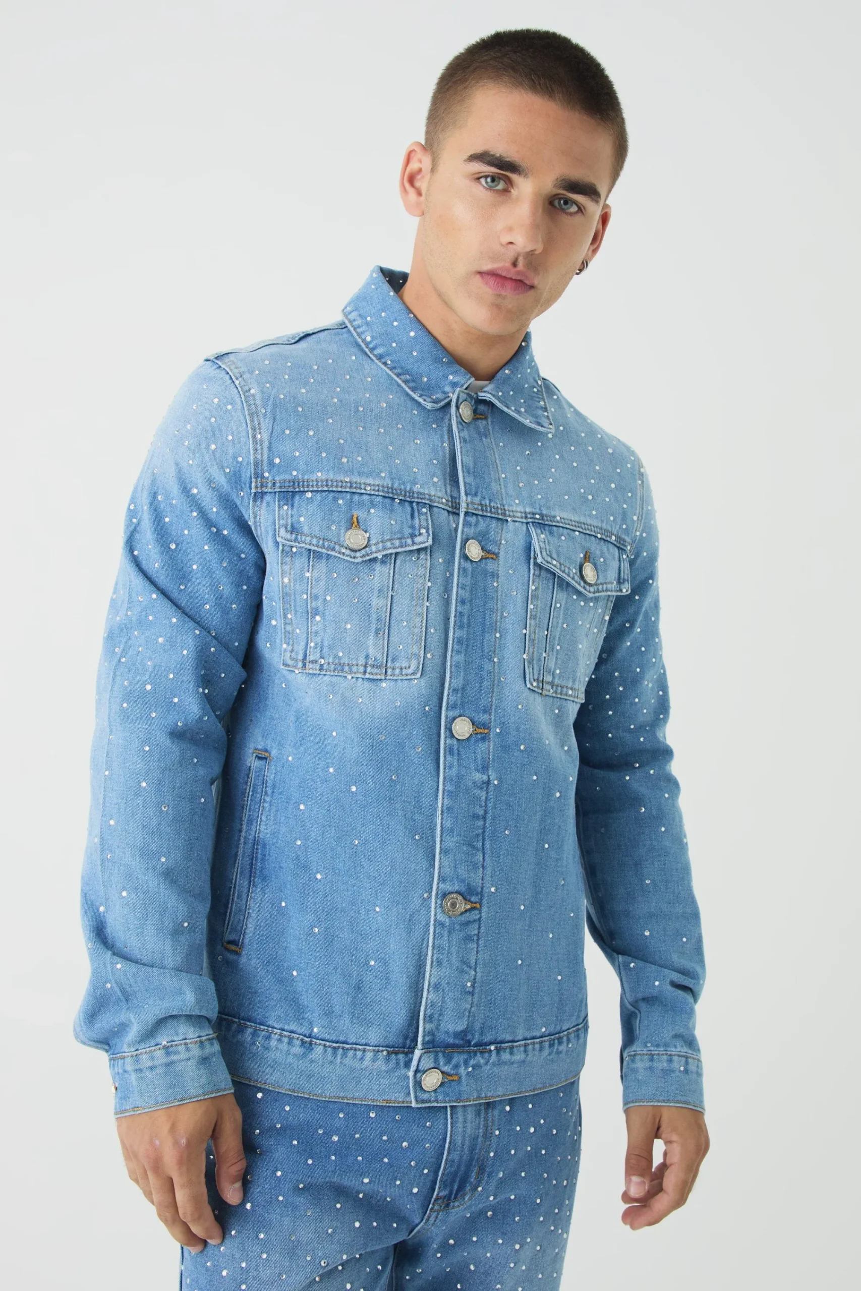 boohooMAN Regular Rhinestone Denim Jacket | UK| Coats & Jackets