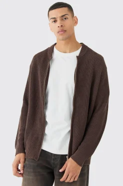 boohooMAN Regular Ribbed Fisherman Knit Bomber | UK| Knitwear|Coats & Jackets