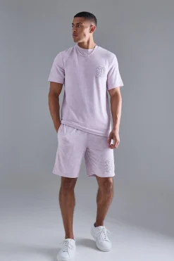 boohooMAN Regular Towelling Pearl Embroidered T-shirt And Short Set | UK| Tracksuits