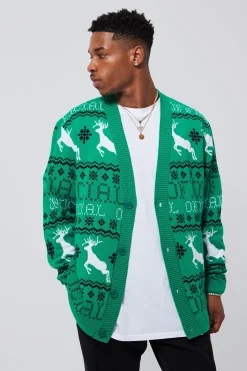 boohooMAN Reindeer Fairisle Christmas Cardigan | UK| Knitwear