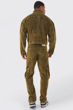 boohooMAN Relaxed Acid Wash Corduroy Cargo Popper Hem Trouser | UK| Trousers