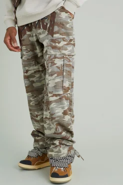 boohooMAN Relaxed Cargo Varsity Slogan Print Camo Trouser | UK| Trousers