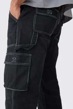 boohooMAN Relaxed Carpenter Zip Hem Contrast Stitch Trouser | UK| Trousers|Cargos