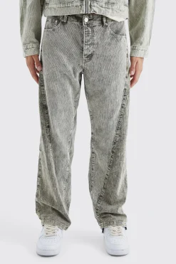 boohooMAN Relaxed Colour Block Acid Wash Cord Trouser | UK| Trousers