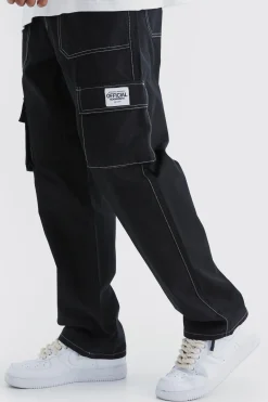 boohooMAN Relaxed Contrast Stitch Cargo Trouser With Woven Tab | UK| Trousers|Cargos