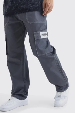 boohooMAN Relaxed Contrast Stitch Cargo Trouser With Woven Tab | UK| Trousers|Cargos