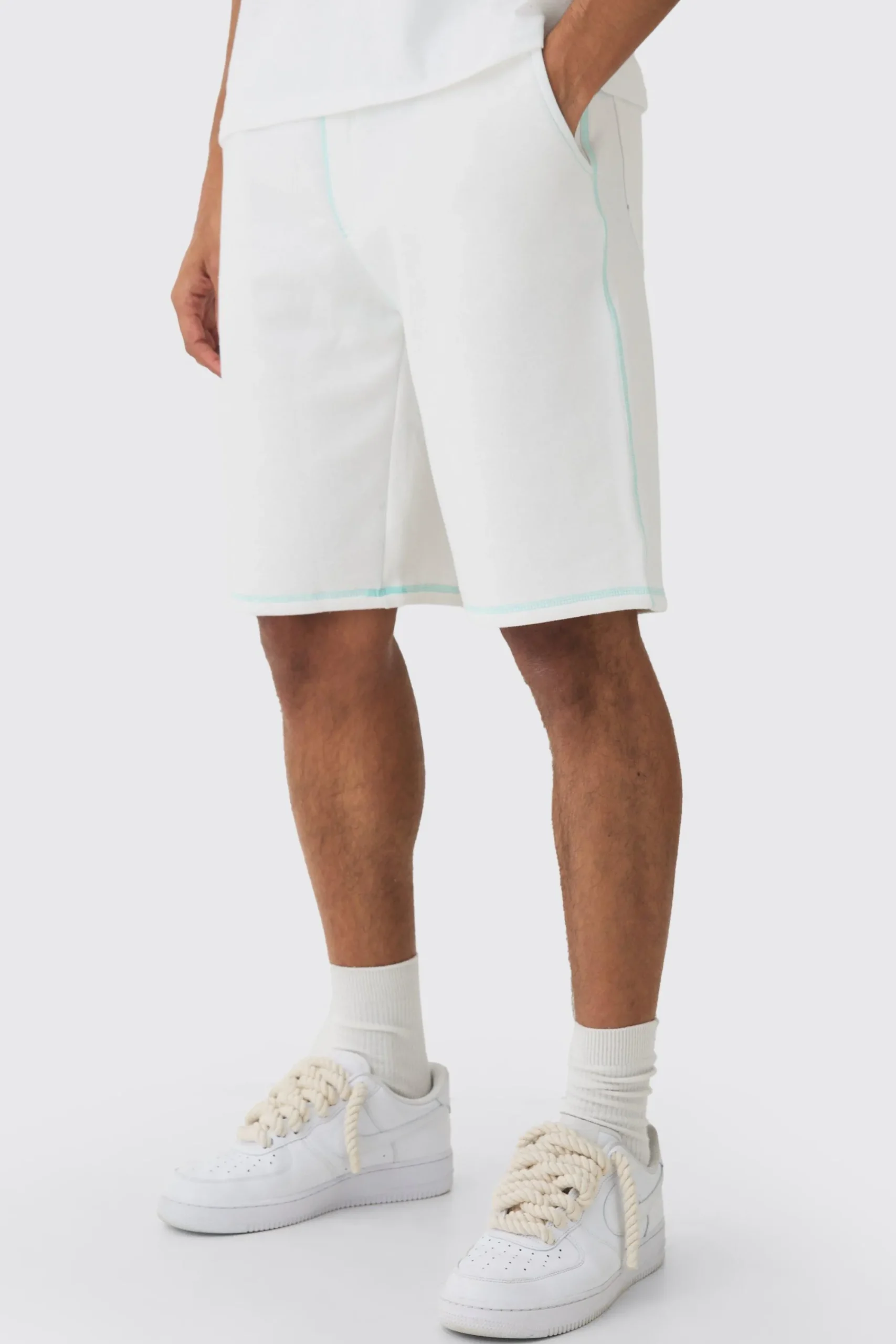 boohooMAN Relaxed Contrast Stitch Long Length Shorts | UK| Shorts