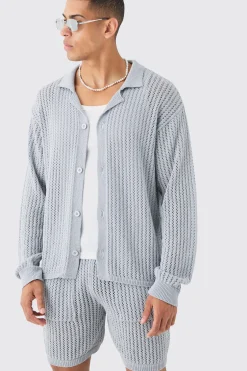 boohooMAN Relaxed Crochet Open Knit Long Sleeve Shirt In | UK| Shirts