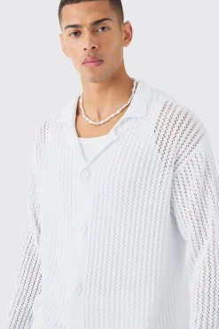 boohooMAN Relaxed Crochet Open Knit Long Sleeve Shirt In | UK| Shirts