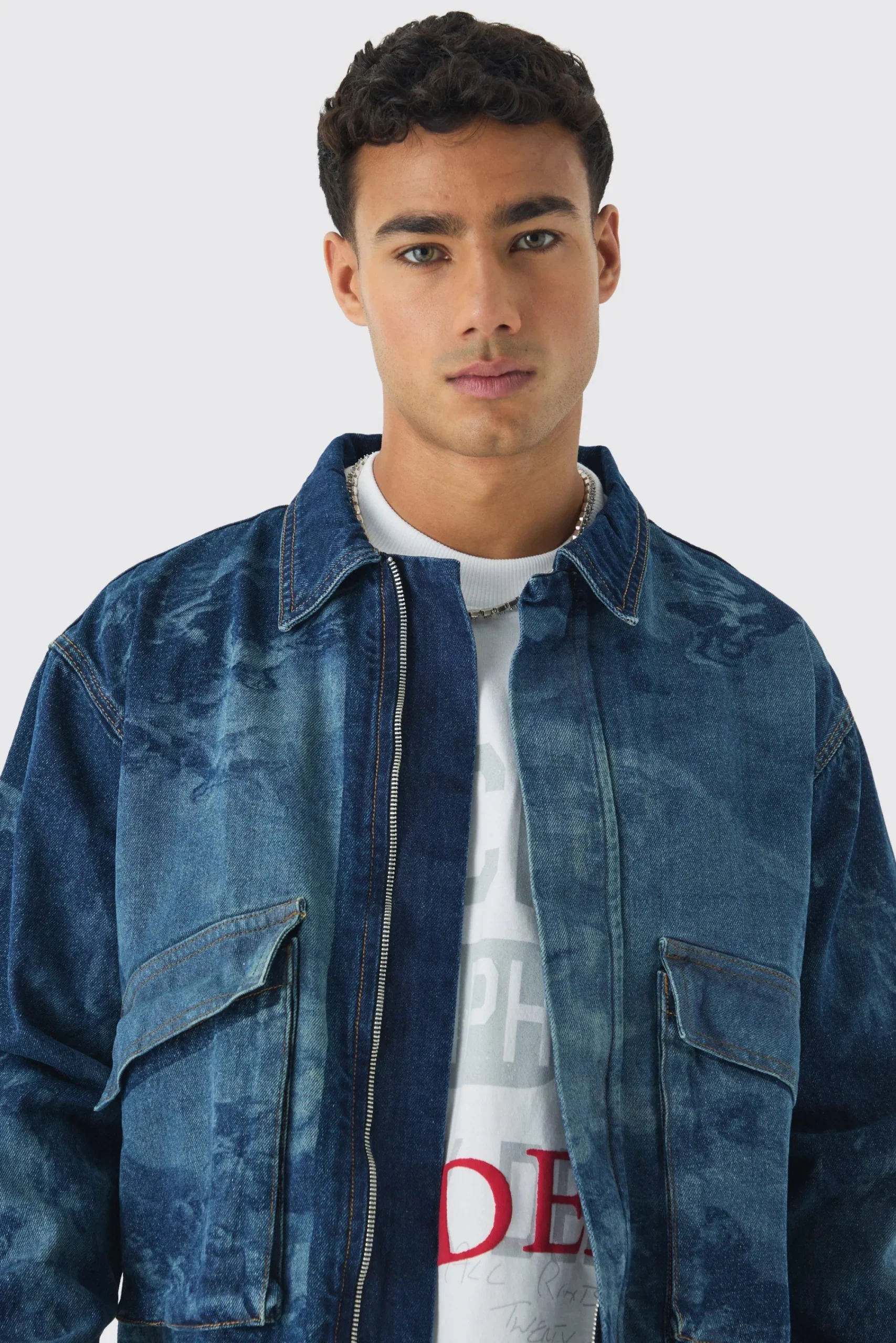 boohooMAN Relaxed Cropped Renaissance Laser Print Denim Jacket | UK| Sets & Co-Ords|Coats & Jackets