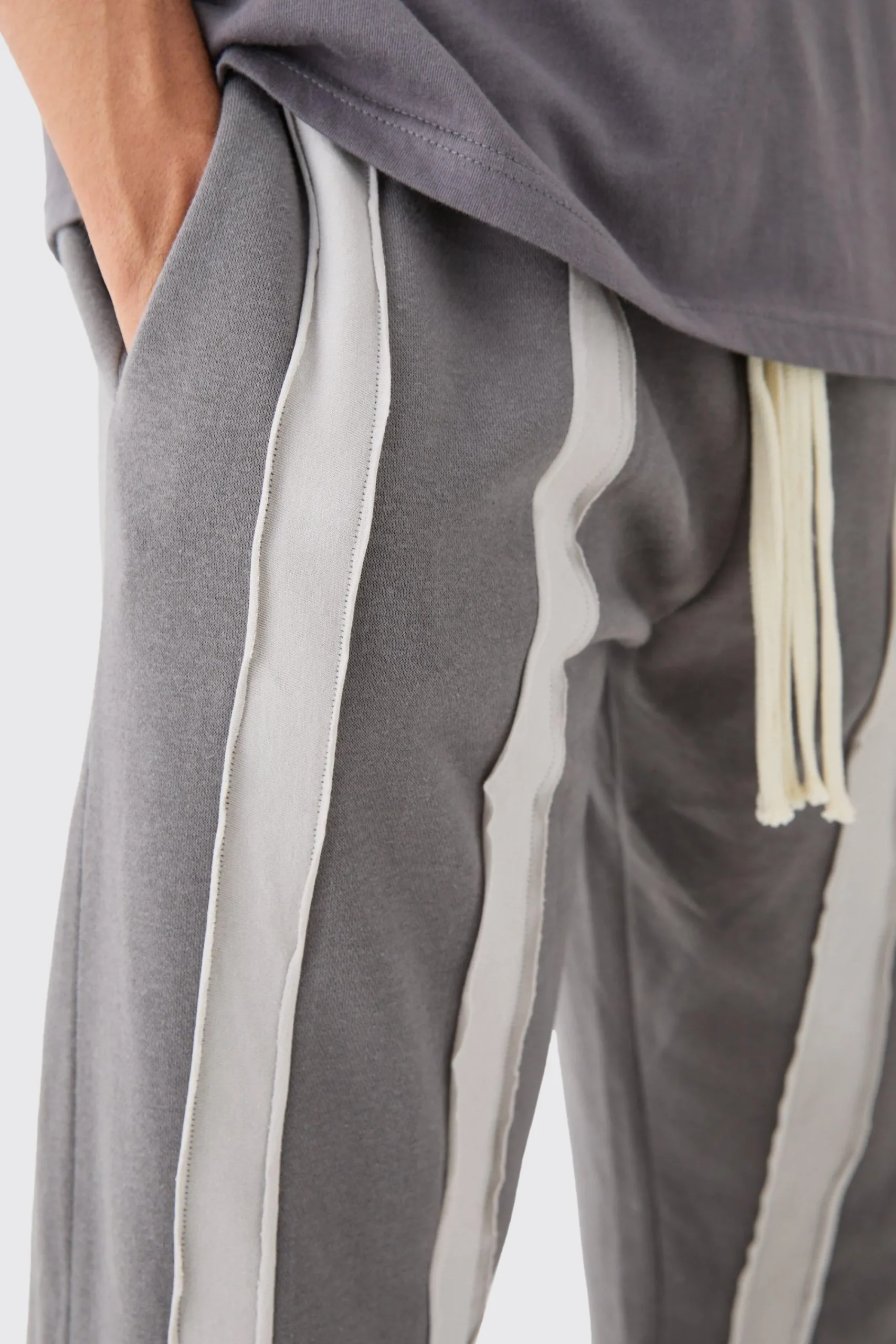 boohooMAN Relaxed Cut & Sew Stripe Raw Edge Joggers | UK| Trousers|Joggers