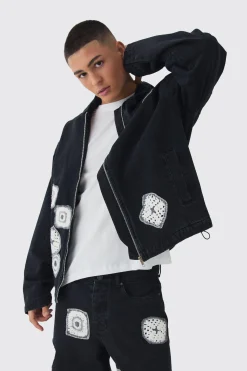 boohooMAN Relaxed Denim Zip Through Crochet Hoodie | UK| Coats & Jackets|Hoodies & Sweatshirts