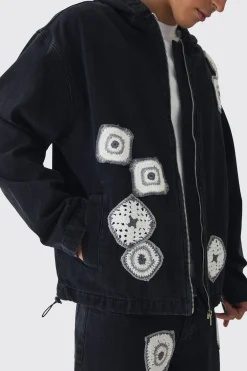 boohooMAN Relaxed Denim Zip Through Crochet Hoodie | UK| Coats & Jackets|Hoodies & Sweatshirts