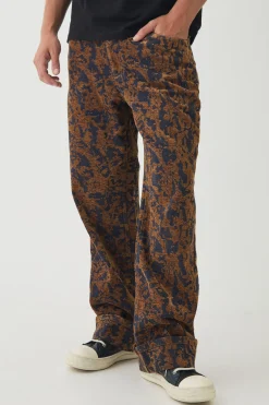 boohooMAN Relaxed Fit Abstract Flock Turn Up Hem Jeans | UK| Jeans