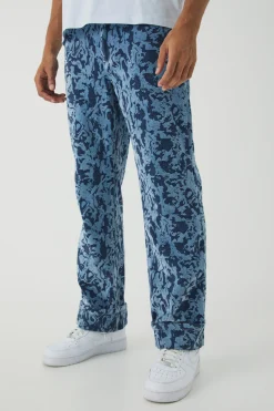 boohooMAN Relaxed Fit Abstract Flock Turn Up Hem Jeans | UK| Jeans