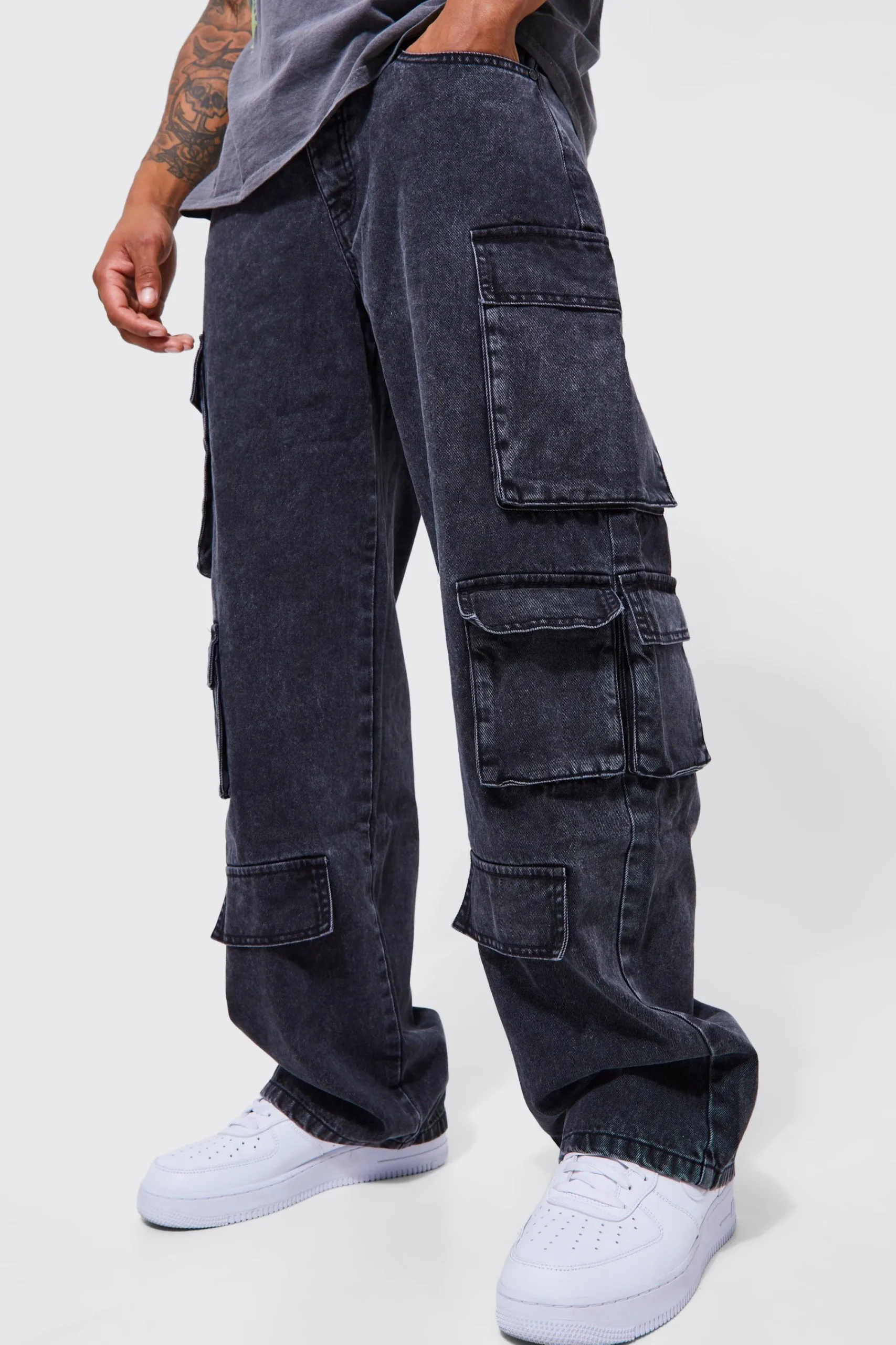 boohooMAN Relaxed Fit Acid Wash Cargo Jeans | UK| Trousers|Jeans