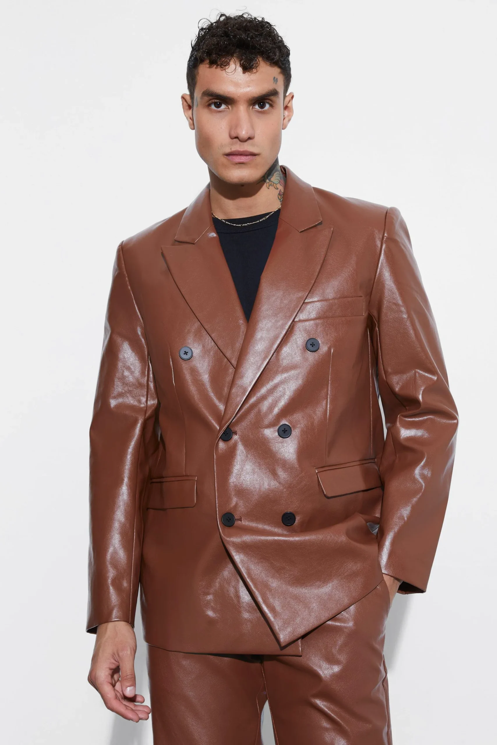 boohooMAN Relaxed Fit Double Breasted Pu Blazer | UK| Suits & Tailoring