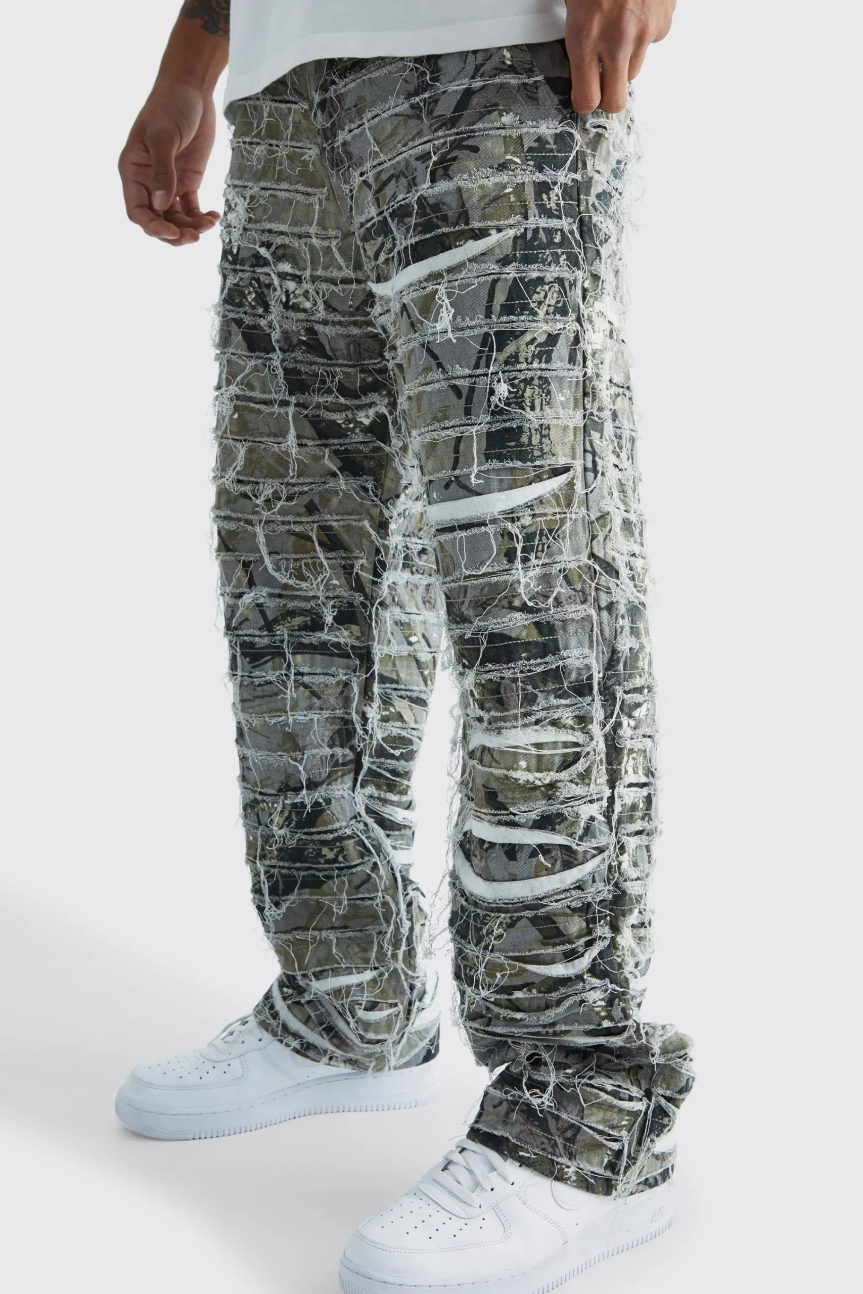 boohooMAN Relaxed Heavily Distressed Camo Trouser | UK| Trousers