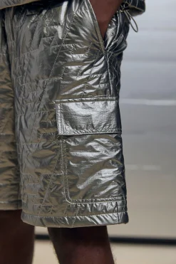 boohooMAN Relaxed Jort Fit Metallic Nylon Quilted Woven Shorts | UK| Shorts|Sets & Co-Ords