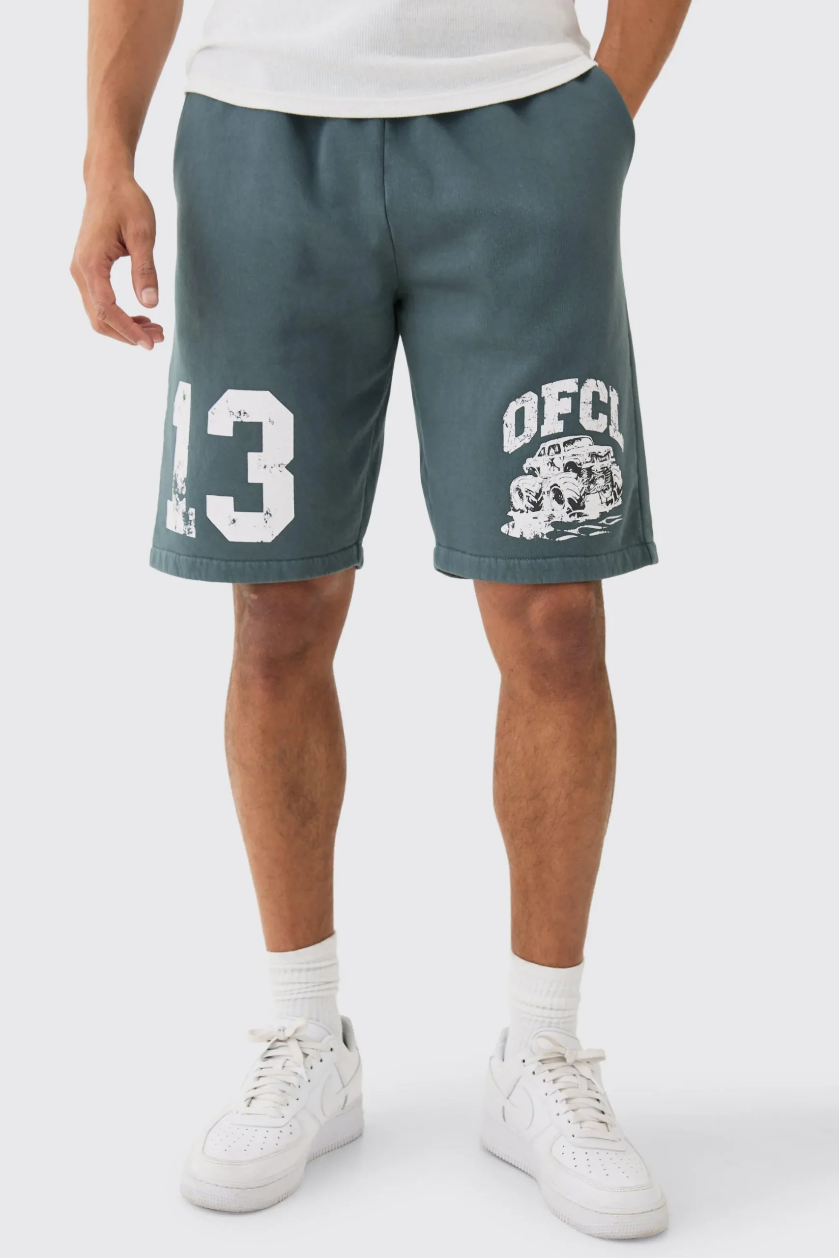 boohooMAN Relaxed Long Length OFCL Racing Acid Wash Shorts | UK| Shorts