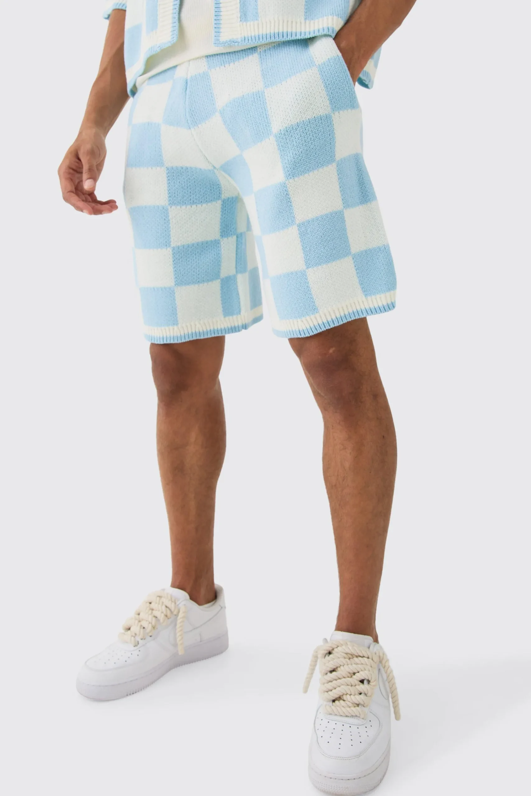 boohooMAN Relaxed Mid Length Check Knitted Short | UK| Tracksuits