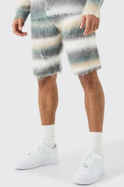 boohooMAN Relaxed Mid Length Knitted Brushed Stripe Short In | UK| Tracksuits