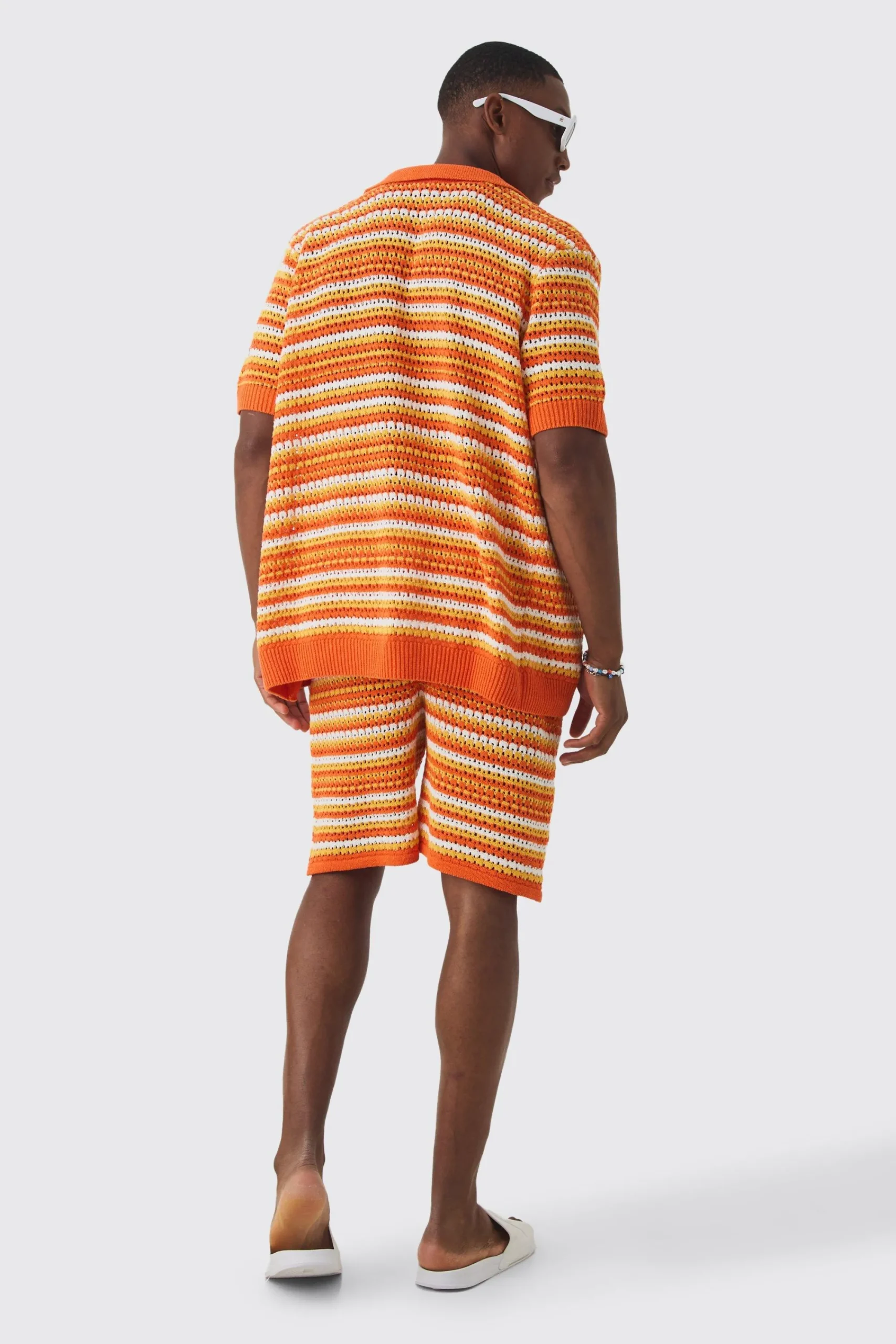 boohooMAN Relaxed Mid Length Open Stitch Stripe Shirt & Short Set | UK| Tracksuits