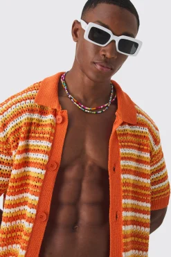 boohooMAN Relaxed Mid Length Open Stitch Stripe Shirt & Short Set | UK| Tracksuits