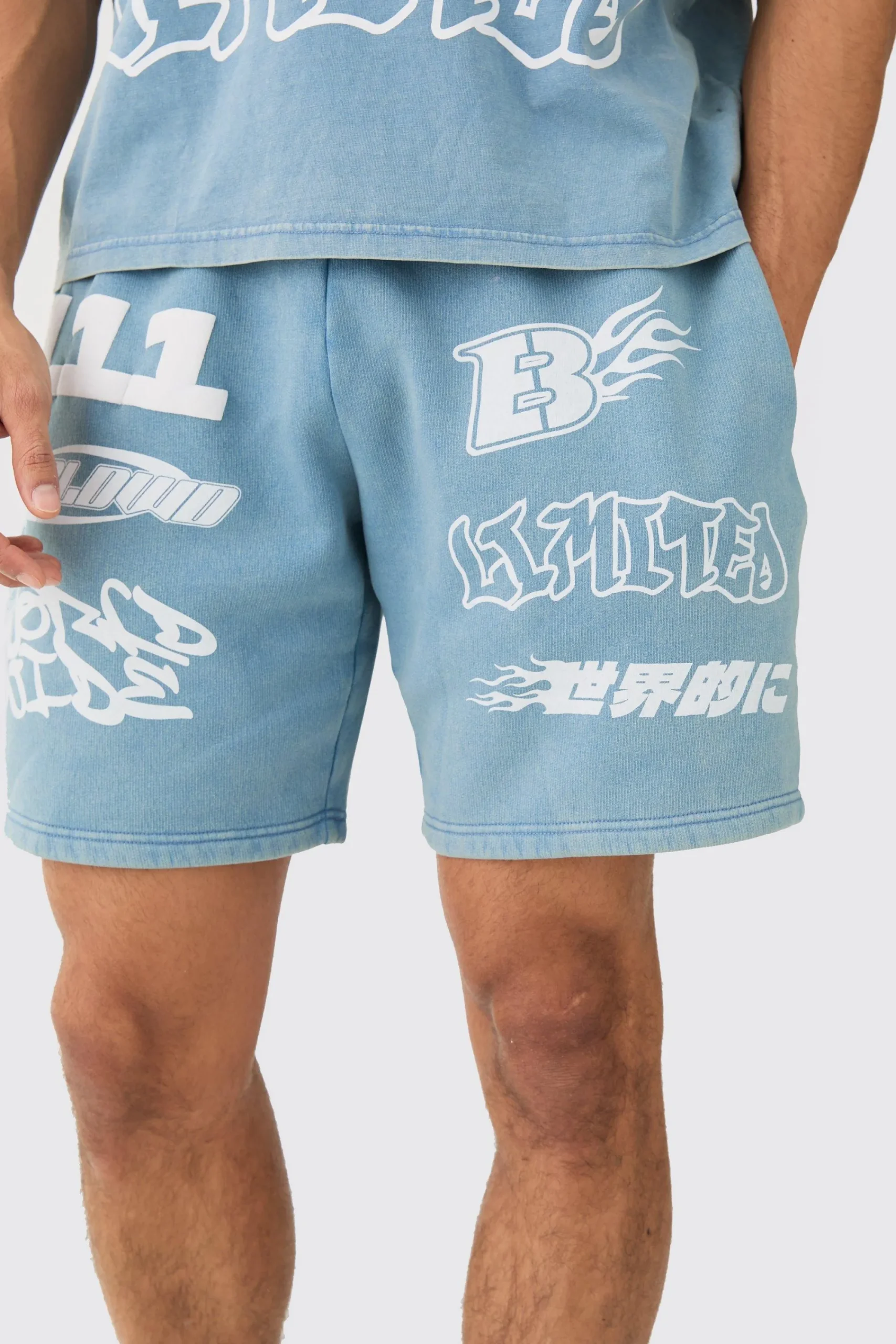 boohooMAN Relaxed Moto Puff Print Washed Shorts | UK| Shorts