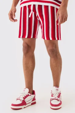 boohooMAN Relaxed Open Stitch Stripe Knit Short In Red | UK| Shorts|Tracksuits