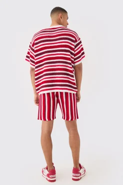 boohooMAN Relaxed Open Stitch Stripe Knit Short In Red | UK| Shorts|Tracksuits