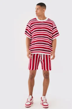boohooMAN Relaxed Open Stitch Stripe Knit Short In Red | UK| Shorts|Tracksuits