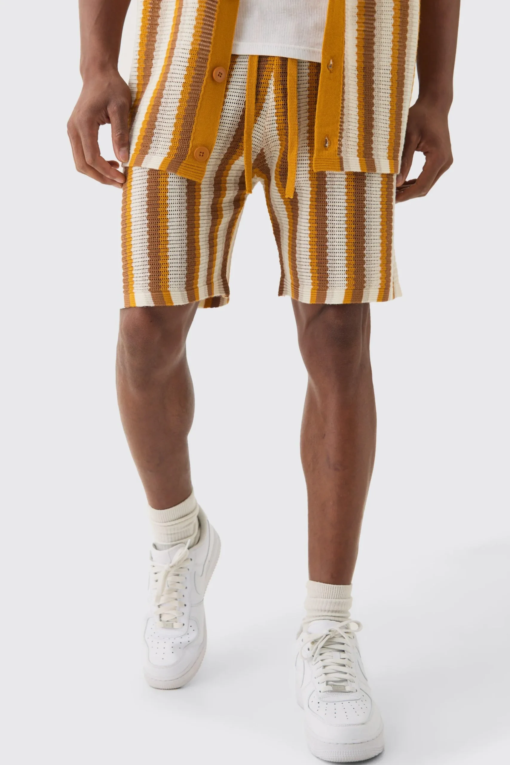 boohooMAN Relaxed Open Stitch Stripe Knit Short In | UK| Shorts|Tracksuits