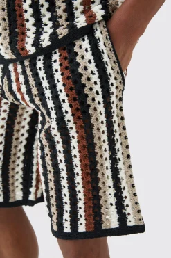 boohooMAN Relaxed Open Stitch Stripe Knitted Shorts | UK| Tracksuits