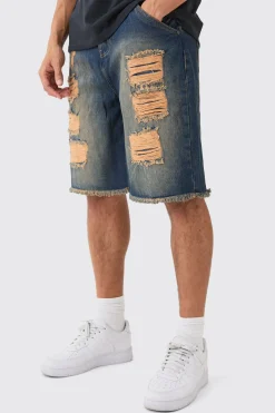 boohooMAN Relaxed Rigid All Over Rips Denim Jorts In | UK| Shorts