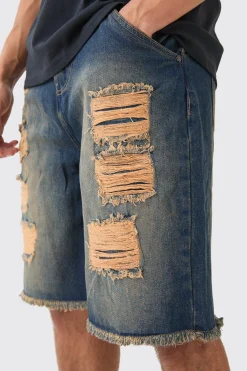 boohooMAN Relaxed Rigid All Over Rips Denim Jorts In | UK| Shorts