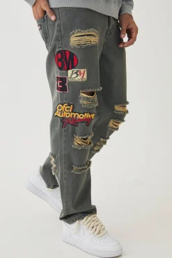 boohooMAN Relaxed Rigid Applique Badge Ripped Jeans | UK| Jeans