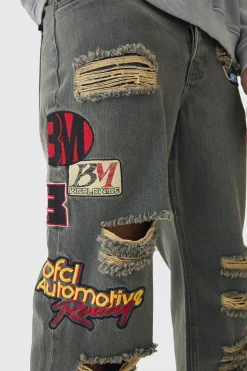 boohooMAN Relaxed Rigid Applique Badge Ripped Jeans | UK| Jeans