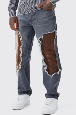 boohooMAN Relaxed Rigid Burnt Out Mesh Jeans | UK| Jeans