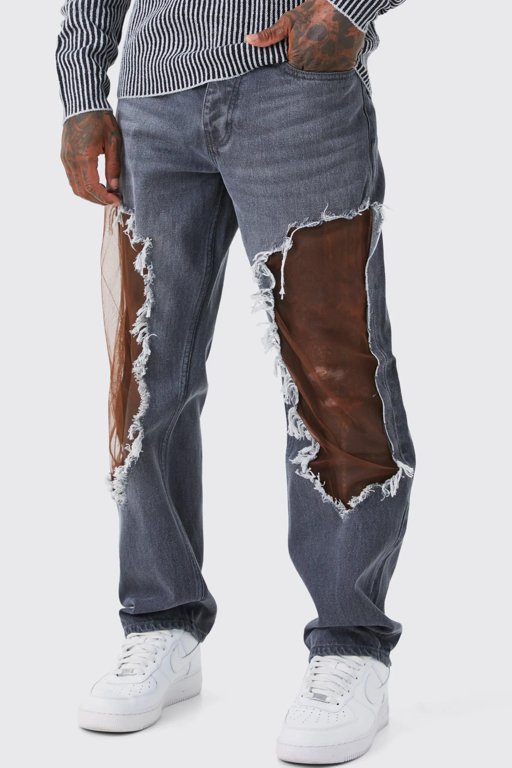 boohooMAN Relaxed Rigid Burnt Out Mesh Jeans | UK| Jeans