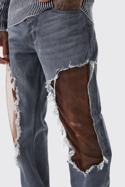 boohooMAN Relaxed Rigid Burnt Out Mesh Jeans | UK| Jeans
