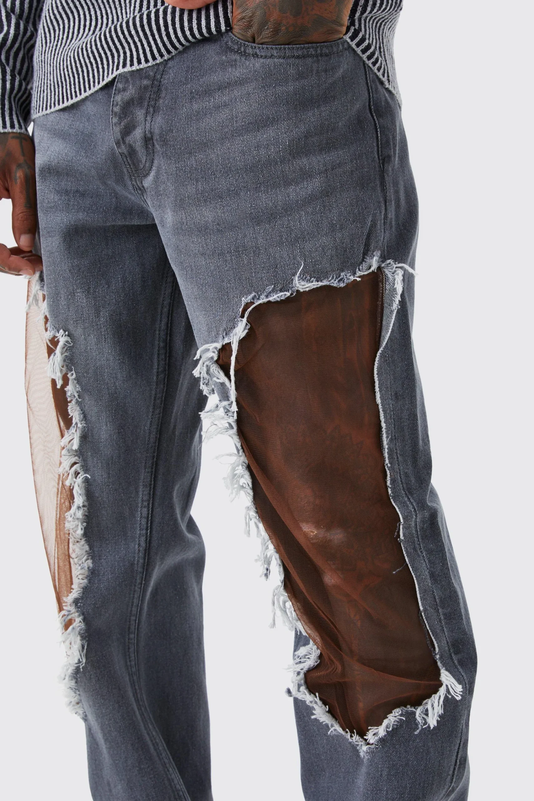 boohooMAN Relaxed Rigid Burnt Out Mesh Jeans | UK| Jeans