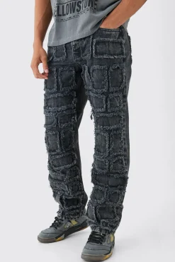 boohooMAN Relaxed Rigid Distressed Patchwork Jeans In | UK| Jeans