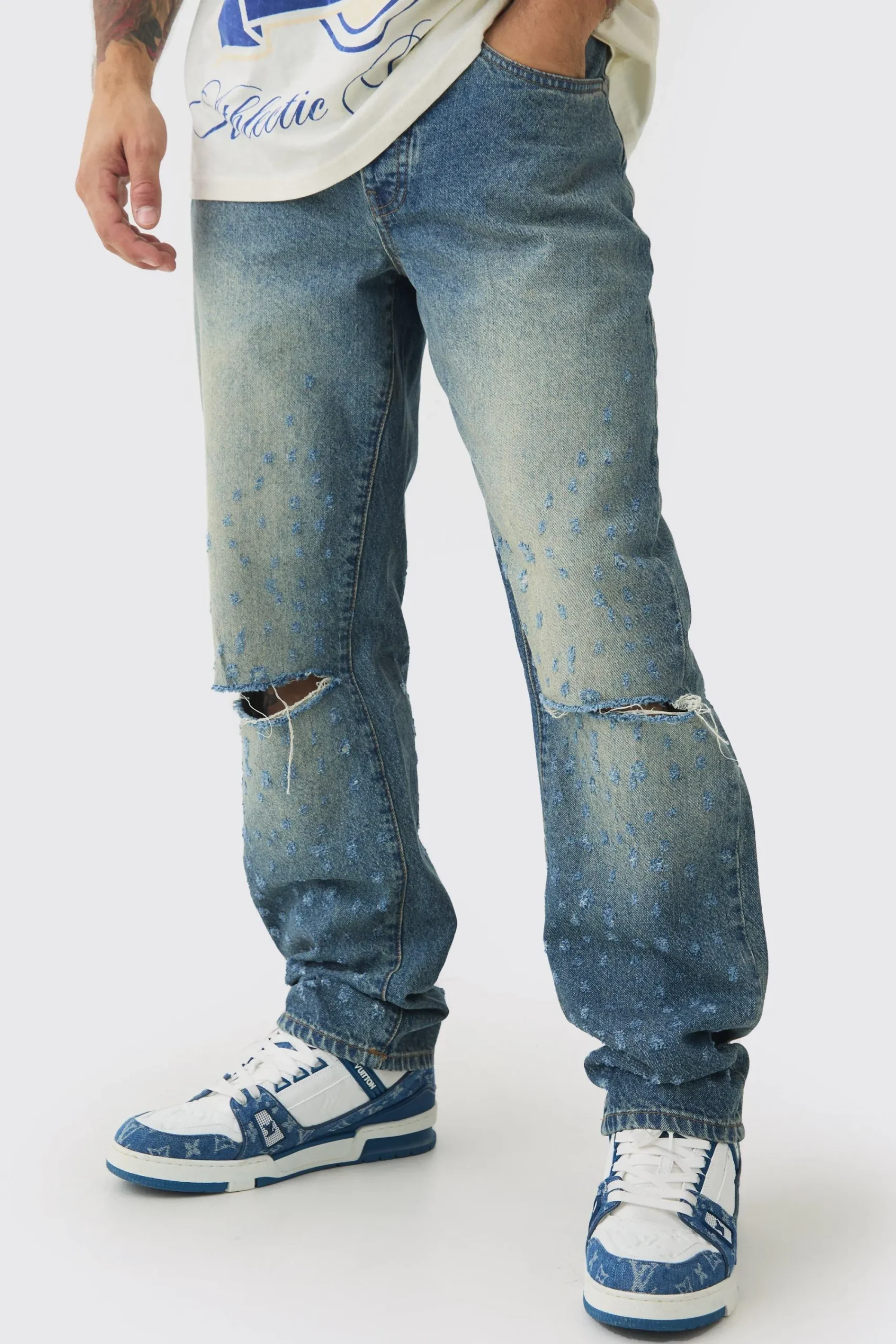 boohooMAN Relaxed Rigid Distressed Knee Slit Jeans | UK| Trousers|Jeans